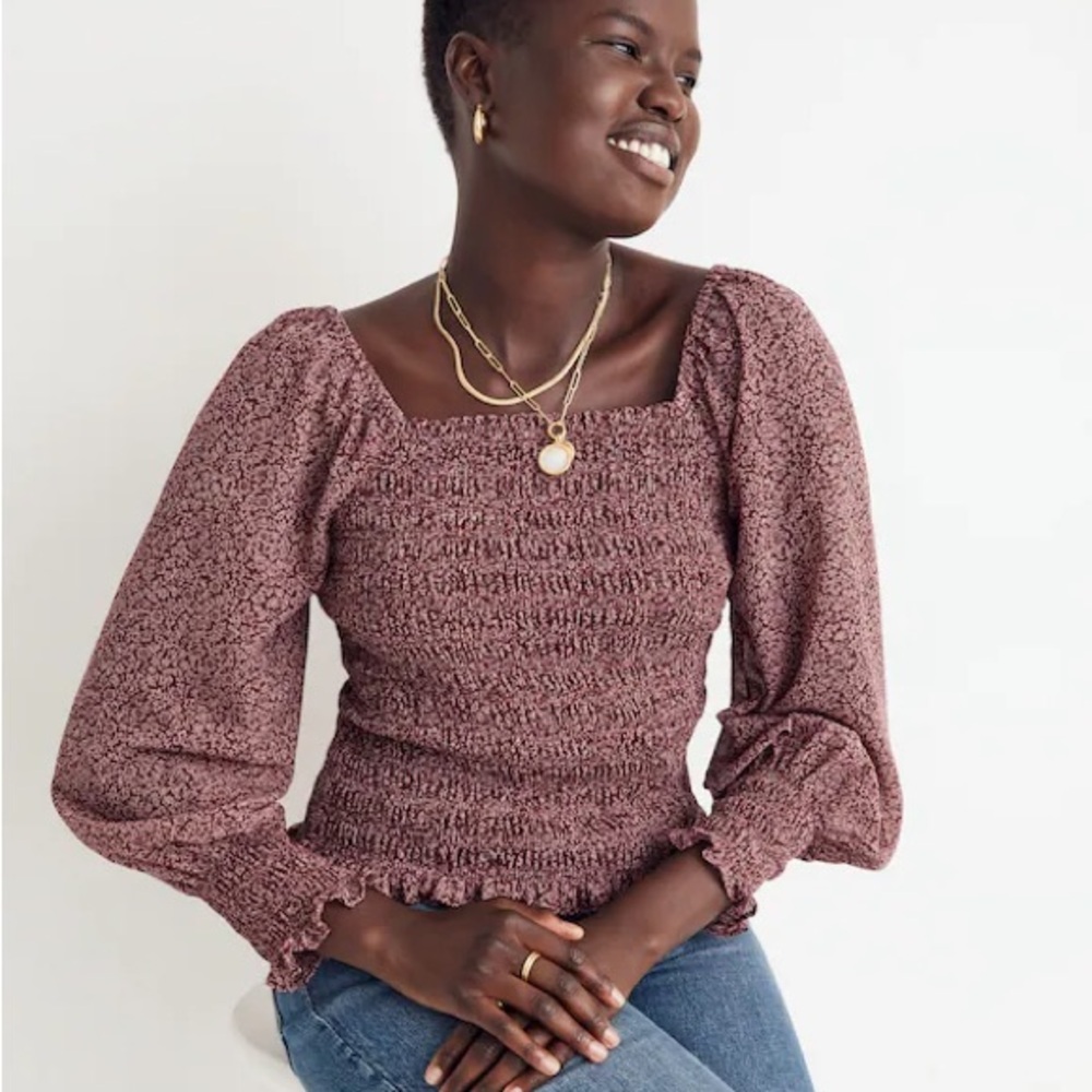 Madewell Lucie Bubble-Sleeve Smocked Top Cottage Garden maroon  spring blouse xl